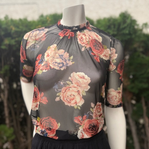 GAP Tops - Gap Sheer Floral Mesh Top Ruffle Neck 1/2 Sleeve Romantic Goth Black Burgundy S